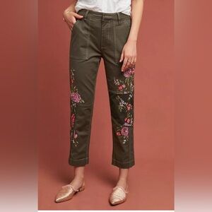 Anthropologie Floral Embroidered utility Pants